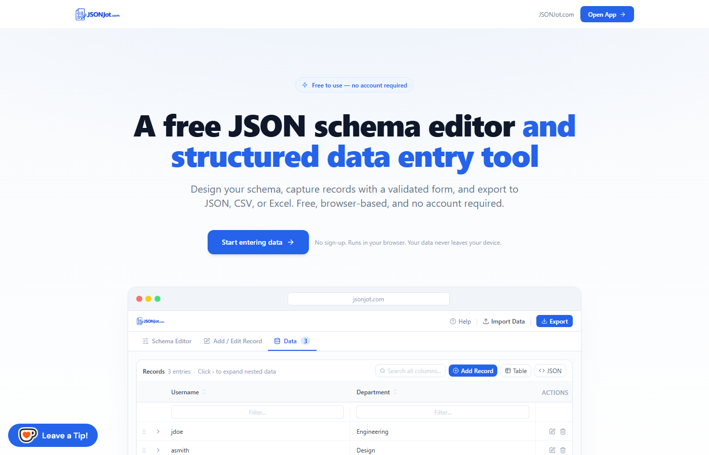 JSONJot — schema-driven browser app for designing JSON schemas and capturing validated structured-data records via auto-generated forms